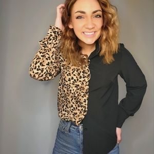 Half Black Half Cheetah Button Down